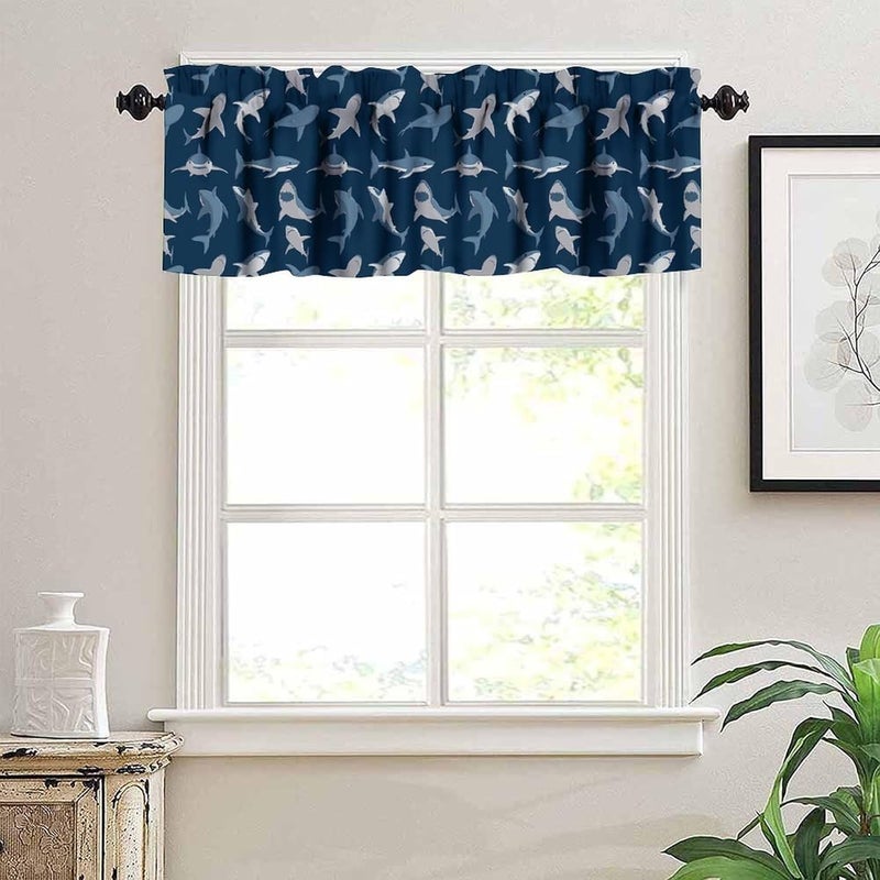 YSWOW Kids Sea Animal Valance Curtain for Boys Nursery Playroom Room Decor Cartoon Sharks Art Printed Window Drapes W54xL18in Fabric 1 Panel - Image 2